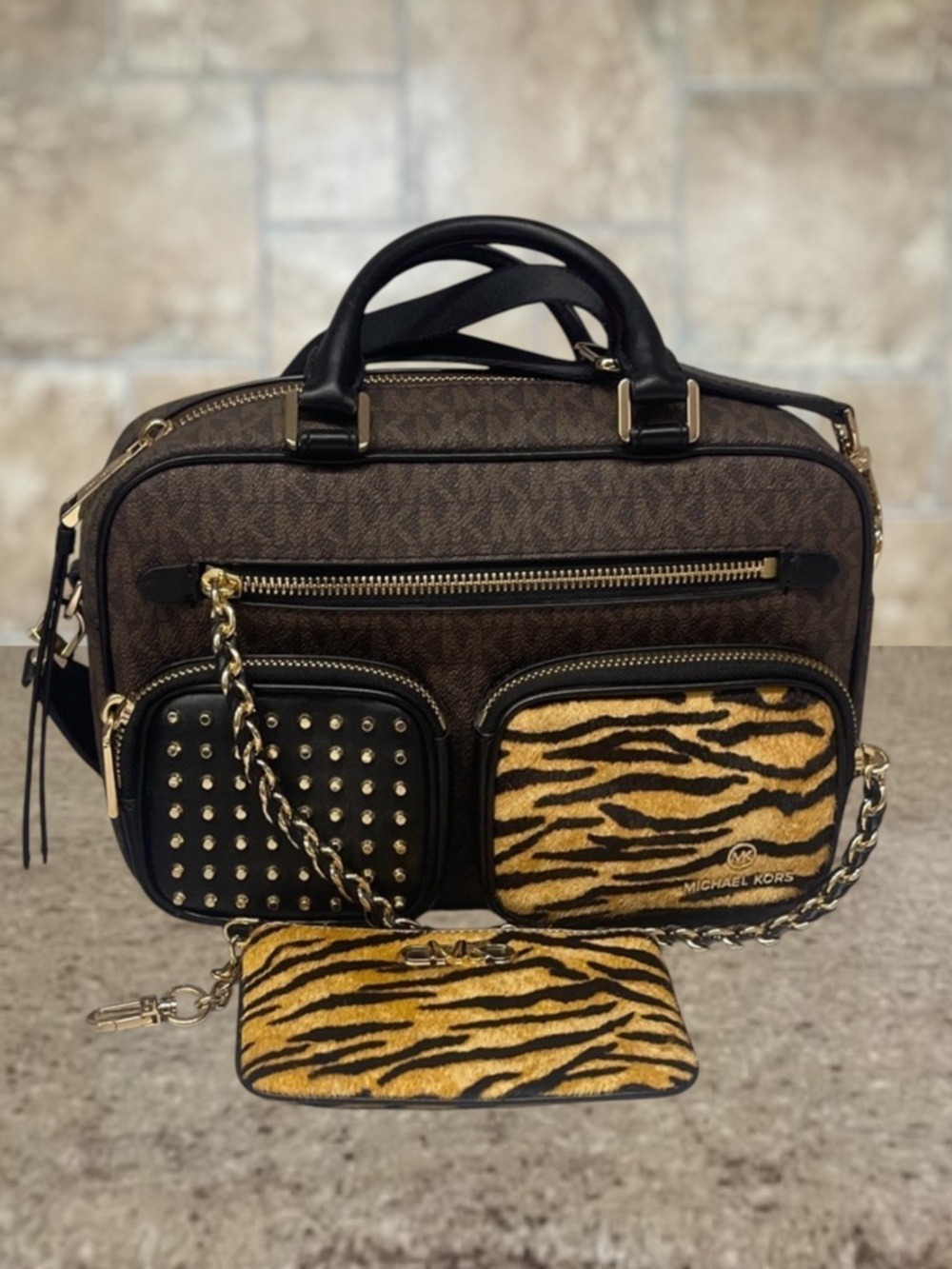Michael Kors Elliot Brown/Black Logo Crossbody Exotic Animal Print & Wallet